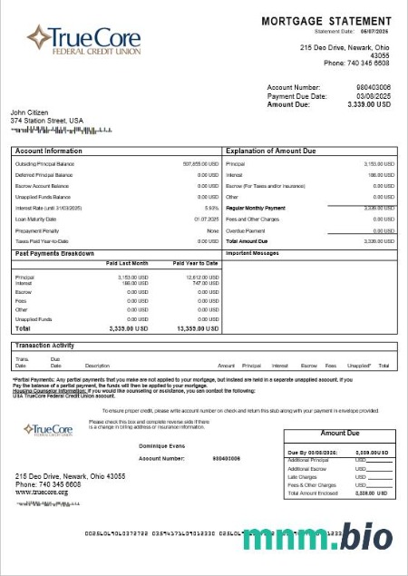 USA TrueCore Federal Credit Union wyciąg z kredytu hipotecznego w formatach Word i PDF